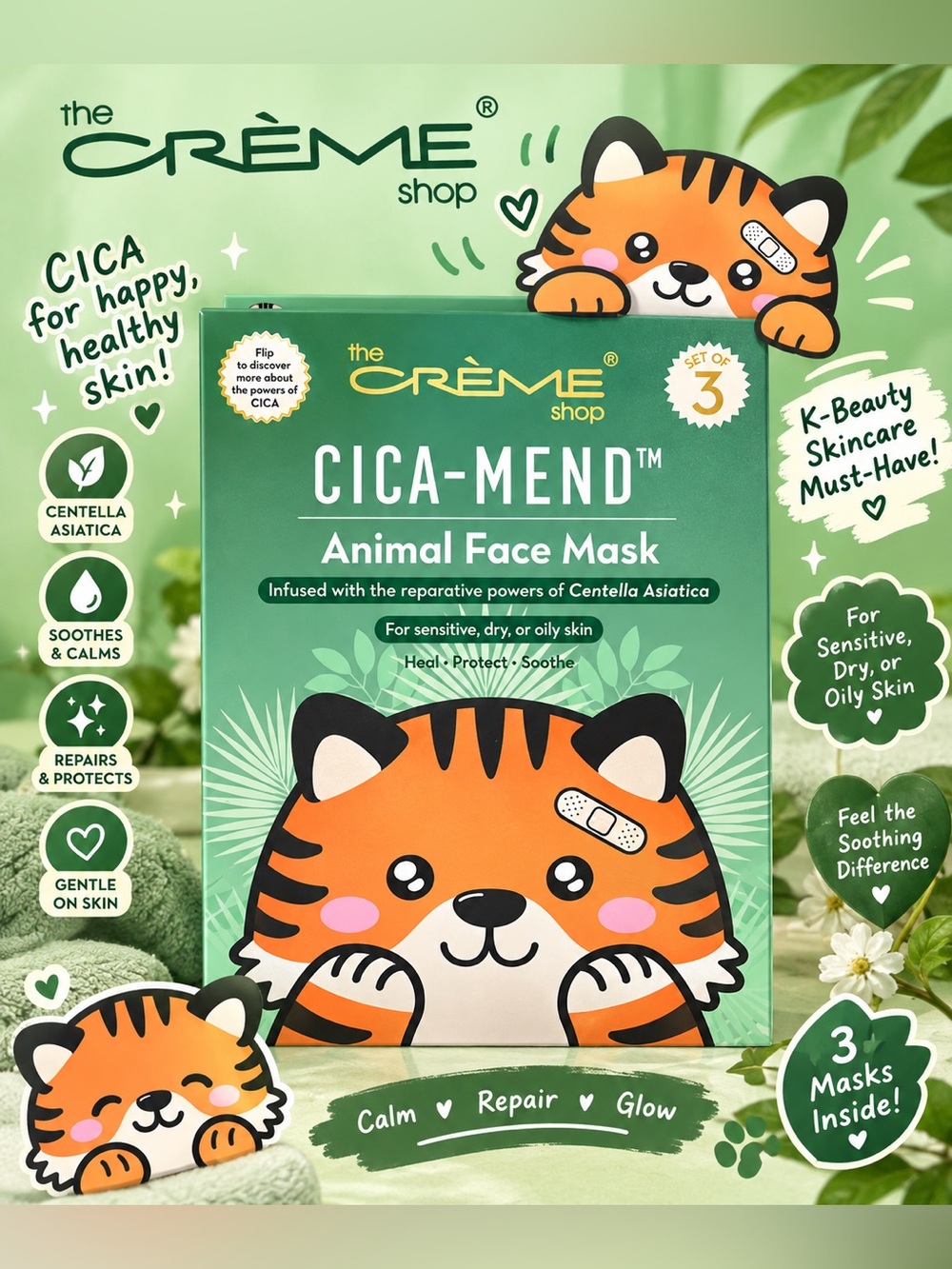 The Crème Shop CICA-MEND Animal Face Mask – Orange Tiger (Set of 3)